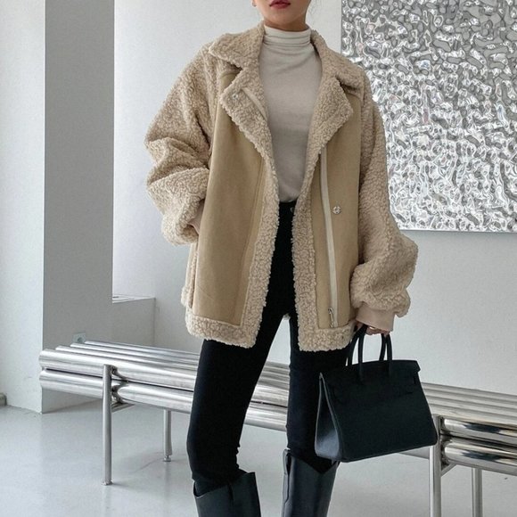 MODA ME COUTURE Jackets & Blazers - khaki "It coat" zip up faux suede teddy coat contemporary minimalist luxury